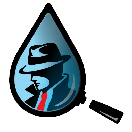 Magnifying glass with a blue water drop containing a silhouette of a man in a fedora and red tie.